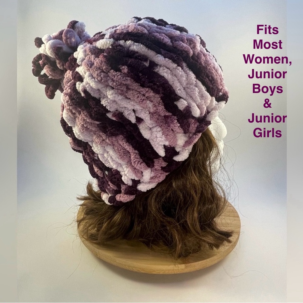 Handmade Women’s/Junior’s Winter Hat With Loopy Pom-Pom - Variegated Purple
